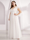 White V-Neck A-Line Plus Size Cap Sleeve Lace Appliques Long Formal Dress