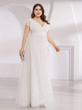 White V-Neck A-Line Plus Size Cap Sleeve Lace Appliques Long Formal Dress