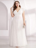 White V-Neck A-Line Plus Size Cap Sleeve Lace Appliques Long Formal Dress