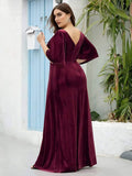 Mature A-Line V-Neck Plus Size Velvet Maxi Evening Dress with Sleeves