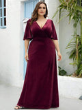 A-Line V-Neck Velvet Half Sleeves Pleated Bridesmaids Dress