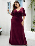 A-Line V-Neck Velvet Half Sleeves Pleated Bridesmaids Dress