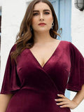 Mature A-Line V-Neck Plus Size Velvet Maxi Evening Dress with Sleeves