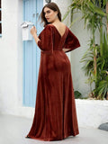 Mature A-Line V-Neck Plus Size Velvet Maxi Evening Dress with Sleeves