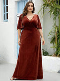 Mature A-Line V-Neck Plus Size Velvet Maxi Evening Dress with Sleeves