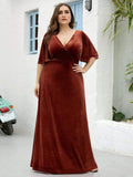 Elegant V-Neck A-Line Empire-Waist Velvet Evening Dress with Short Sleeves