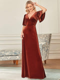 Elegant V-Neck A-Line Empire-Waist Velvet Evening Dress with Short Sleeves
