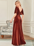 Elegant V-Neck A-Line Empire-Waist Velvet Evening Dress with Short Sleeves