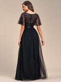 A-Line Scoop Short Sleeve Empire-Waist Embroidery Evening Dresses