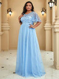 Plus Size A-Line Scoop Neck Long Formal Evening Dresses with Half Sleeves