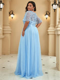 Plus Size A-Line Scoop Neck Long Formal Evening Dresses with Half Sleeves