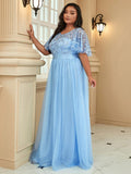 Plus Size A-Line Scoop Neck Long Formal Evening Dresses with Half Sleeves