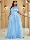 Plus Size A-Line Scoop Neck Long Formal Evening Dresses with Half Sleeves