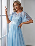 A-Line Scoop Short Sleeve Empire-Waist Embroidery Evening Dresses