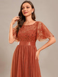 A-Line Scoop Short Sleeve Empire-Waist Embroidery Evening Dresses