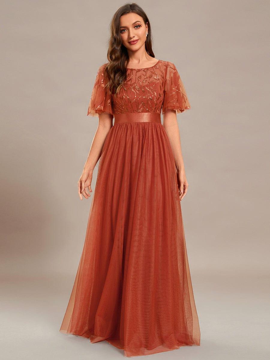 A-Line Scoop Short Sleeve Empire-Waist Embroidery Evening Dresses