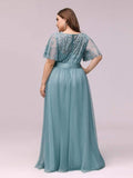 Plus Size A-Line Scoop Neck Long Formal Evening Dresses with Half Sleeves