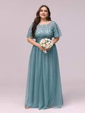 Plus Size A-Line Scoop Neck Long Formal Evening Dresses with Half Sleeves