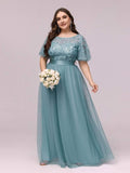 Plus Size A-Line Scoop Neck Long Formal Evening Dresses with Half Sleeves