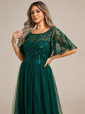 Plus Size A-Line Scoop Neck Long Formal Evening Dresses with Half Sleeves
