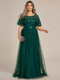 Plus Size A-Line Scoop Neck Long Formal Evening Dresses with Half Sleeves