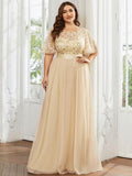 Plus Size A-Line Scoop Neck Long Formal Evening Dresses with Half Sleeves
