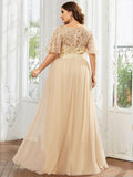 Plus Size A-Line Scoop Neck Long Formal Evening Dresses with Half Sleeves
