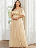 Plus Size A-Line Scoop Neck Long Formal Evening Dresses with Half Sleeves