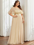 Plus Size A-Line Scoop Neck Long Formal Evening Dresses with Half Sleeves