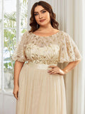 Plus Size A-Line Scoop Neck Long Formal Evening Dresses with Half Sleeves