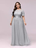 Plus Size A-Line Scoop Neck Long Formal Evening Dresses with Half Sleeves