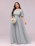 Plus Size A-Line Scoop Neck Long Formal Evening Dresses with Half Sleeves
