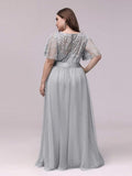 Plus Size A-Line Scoop Neck Long Formal Evening Dresses with Half Sleeves