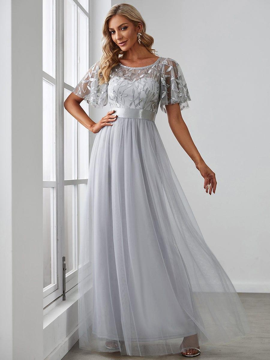 A-Line Scoop Short Sleeve Empire-Waist Embroidery Evening Dresses