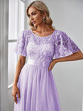 A-Line Scoop Short Sleeve Empire-Waist Embroidery Evening Dresses
