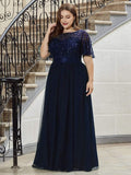 Plus Size A-Line Scoop Neck Long Formal Evening Dresses with Half Sleeves