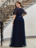 Plus Size A-Line Scoop Neck Long Formal Evening Dresses with Half Sleeves