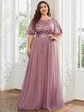 Plus Size A-Line Scoop Neck Long Formal Evening Dresses with Half Sleeves