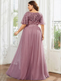 Plus Size A-Line Scoop Neck Long Formal Evening Dresses with Half Sleeves