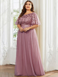 Plus Size A-Line Scoop Neck Long Formal Evening Dresses with Half Sleeves
