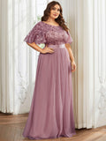 Plus Size A-Line Scoop Neck Long Formal Evening Dresses with Half Sleeves