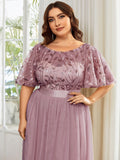 Plus Size A-Line Scoop Neck Long Formal Evening Dresses with Half Sleeves