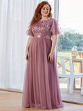 Plus Size A-Line Scoop Neck Long Formal Evening Dresses with Half Sleeves