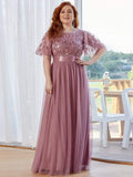 Plus Size A-Line Scoop Neck Long Formal Evening Dresses with Half Sleeves