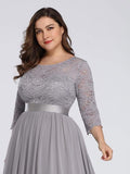 A-Line Empire-Waist Half Sleeves Plus Size Lace Appliques Formal Evening Dress