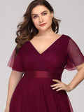 A-Line V-Neck Empire-Waist Plus Size Short Sleeves Formal Bridesmaid Dress
