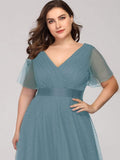 A-Line V-Neck Empire-Waist Plus Size Short Sleeves Formal Bridesmaid Dress