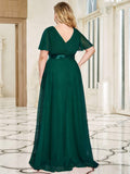 A-Line V-Neck Empire-Waist Plus Size Short Sleeves Formal Bridesmaid Dress