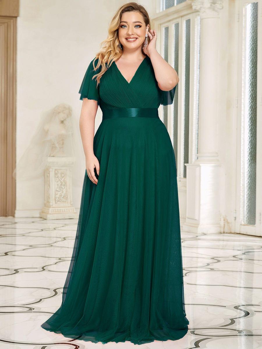A-Line V-Neck Empire-Waist Plus Size Short Sleeves Formal Bridesmaid Dress