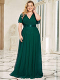 A-Line V-Neck Empire-Waist Plus Size Short Sleeves Formal Bridesmaid Dress